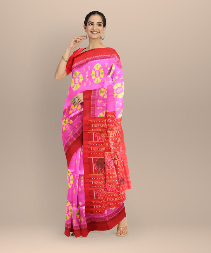 Pink dark red silk handloom khandua saree