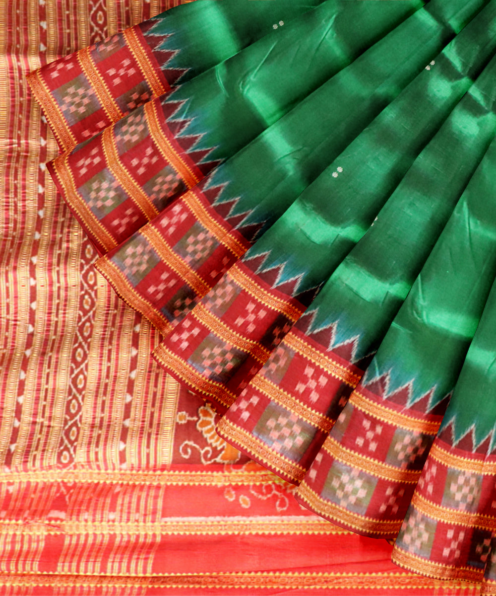 Dark green dark red silk handloom khandua saree