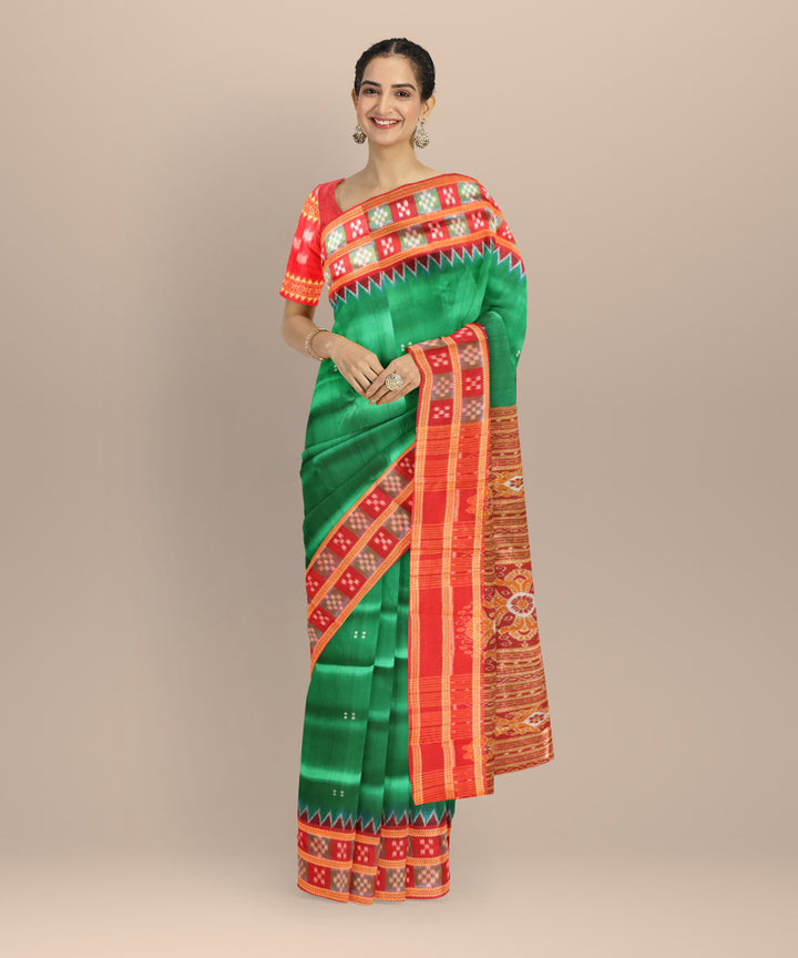 Dark green dark red silk handloom khandua saree