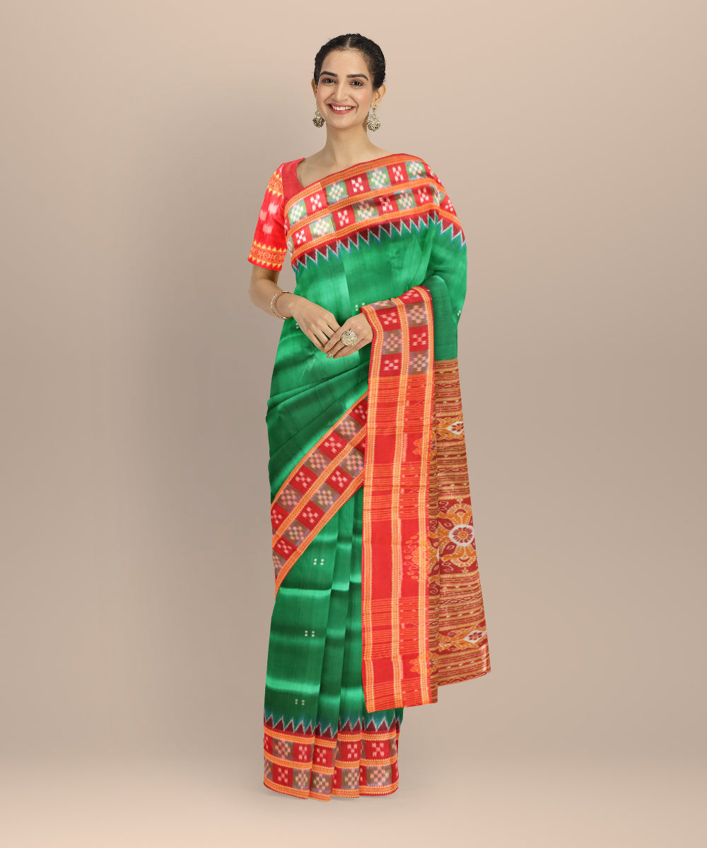 Dark green dark red silk handloom khandua saree