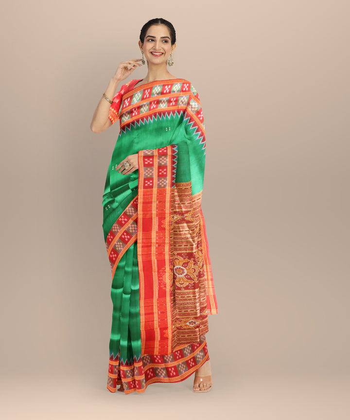 Dark green dark red silk handloom khandua saree