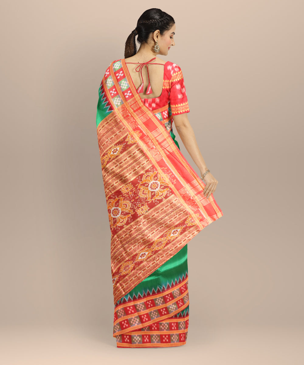 Dark green dark red silk handloom khandua saree