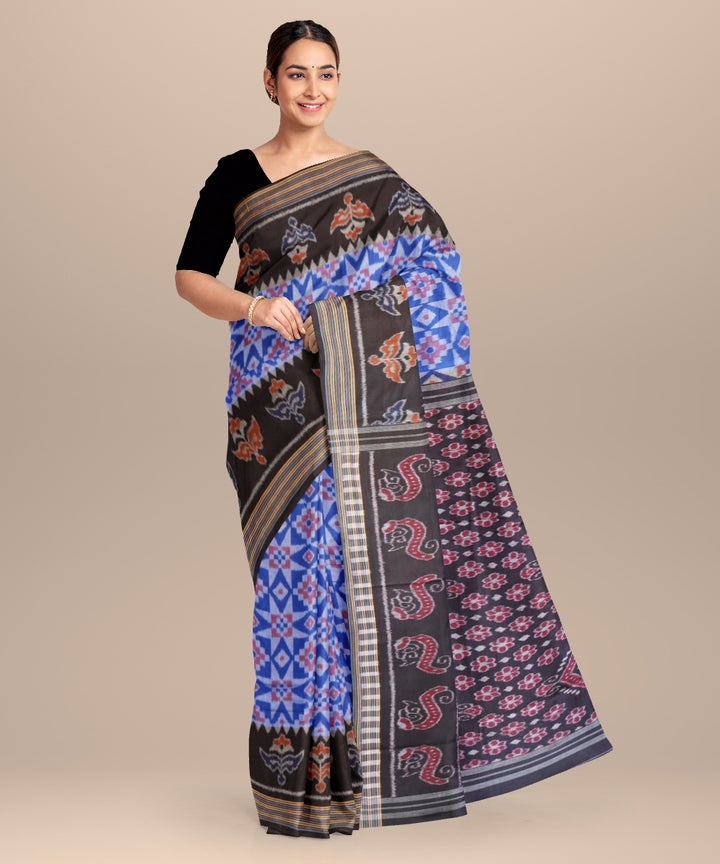 Dark powder blue black cotton handloom nuapatna saree