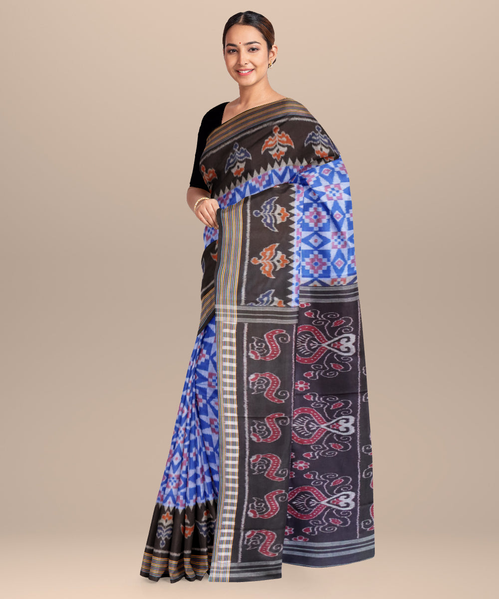 Dark powder blue black cotton handloom nuapatna saree