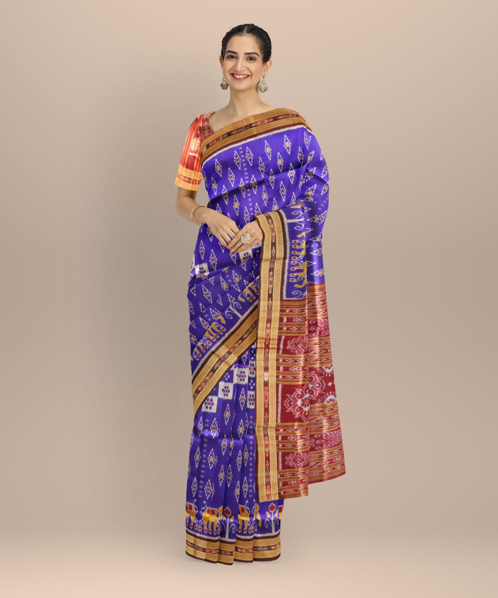 Cyan Blue Black Bean Silk Handloom Khandua Saree