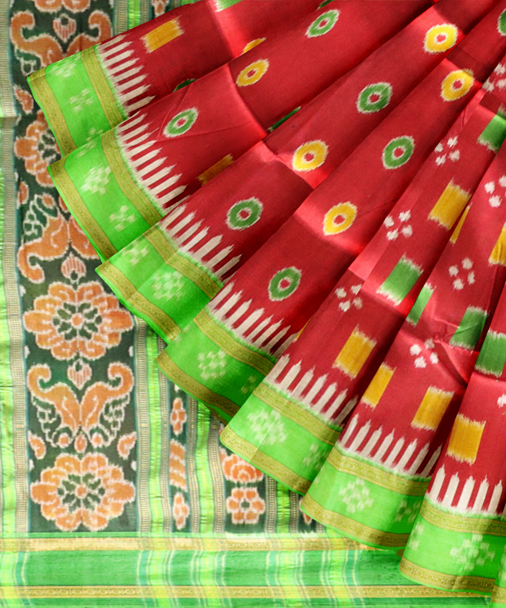 Red bright green silk handloom khandua saree