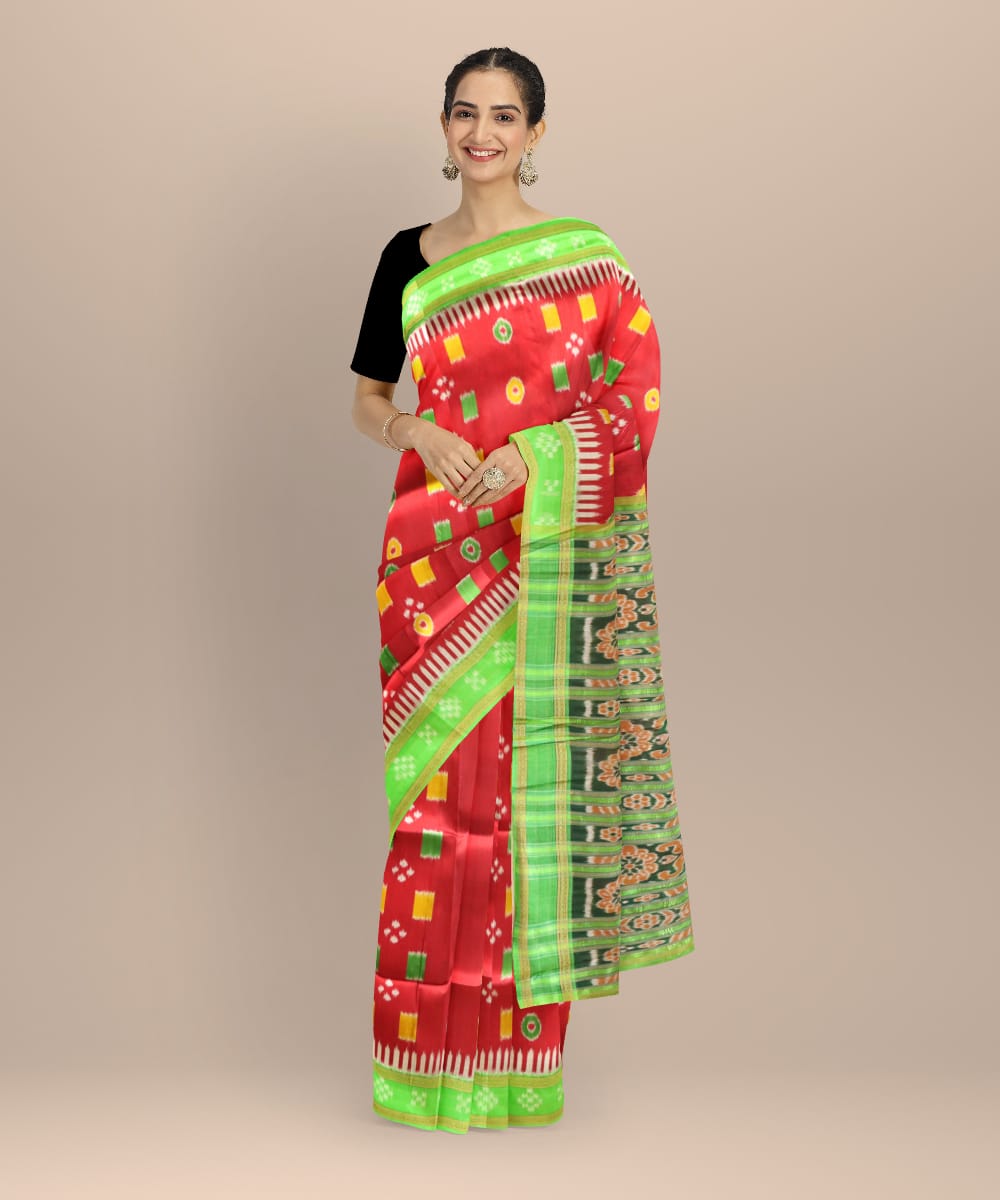 Red Bright Green Silk Handloom Khandua Saree