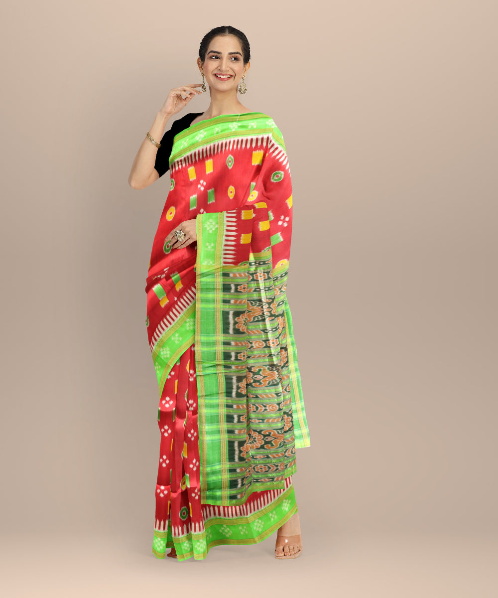 Red bright green silk handloom khandua saree