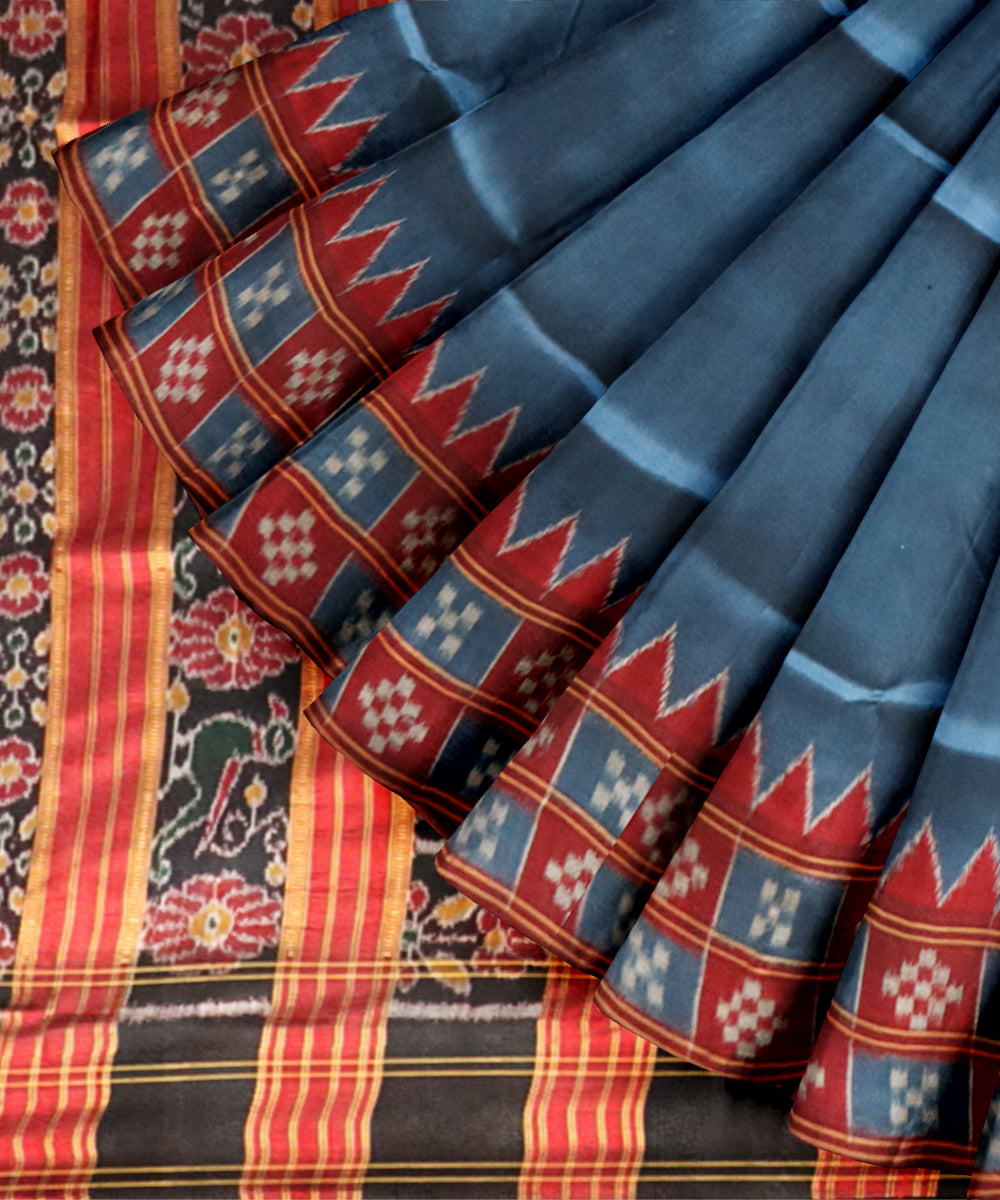 Cyan blue maroon silk handloom khandua saree