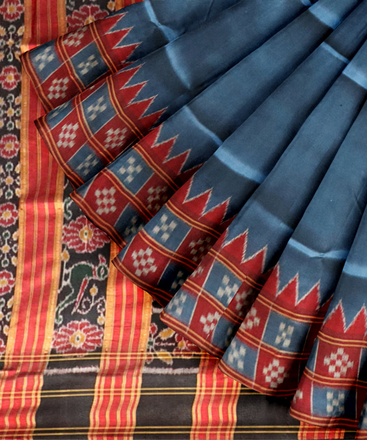 Cyan blue maroon silk handloom khandua saree