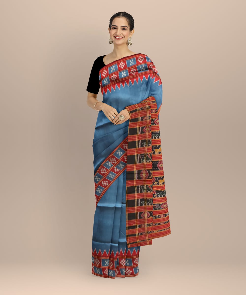 Cyan Blue Maroon Silk Handloom Khandua Saree