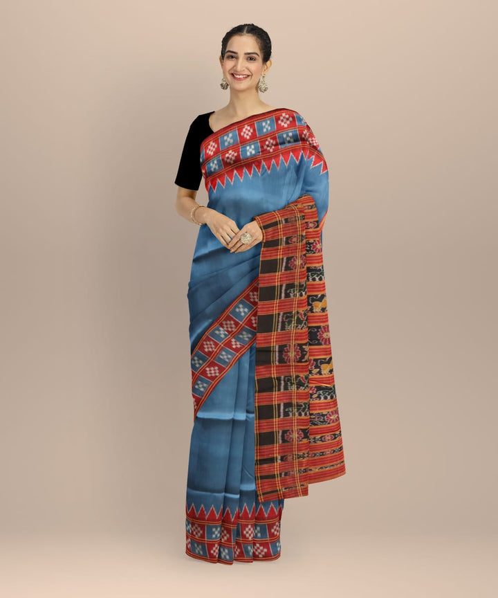 Cyan Blue Maroon Silk Handloom Khandua Saree