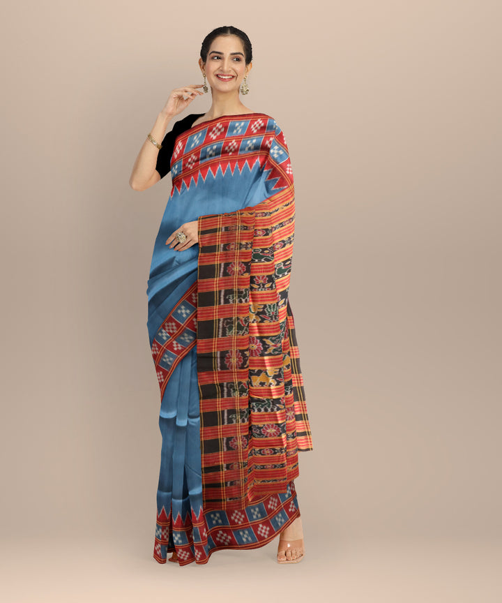 Cyan blue maroon silk handloom khandua saree