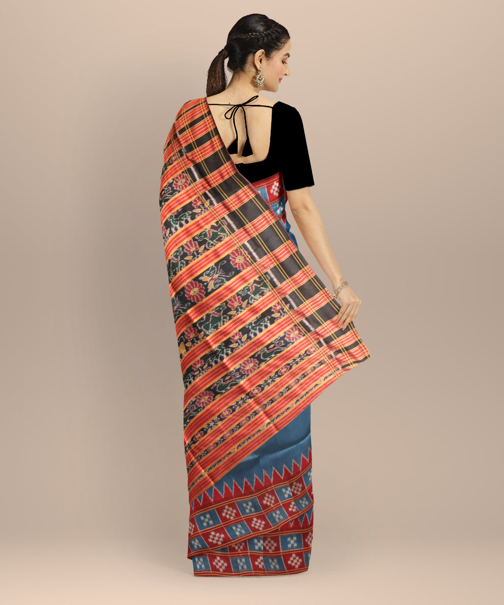 Cyan blue maroon silk handloom khandua saree