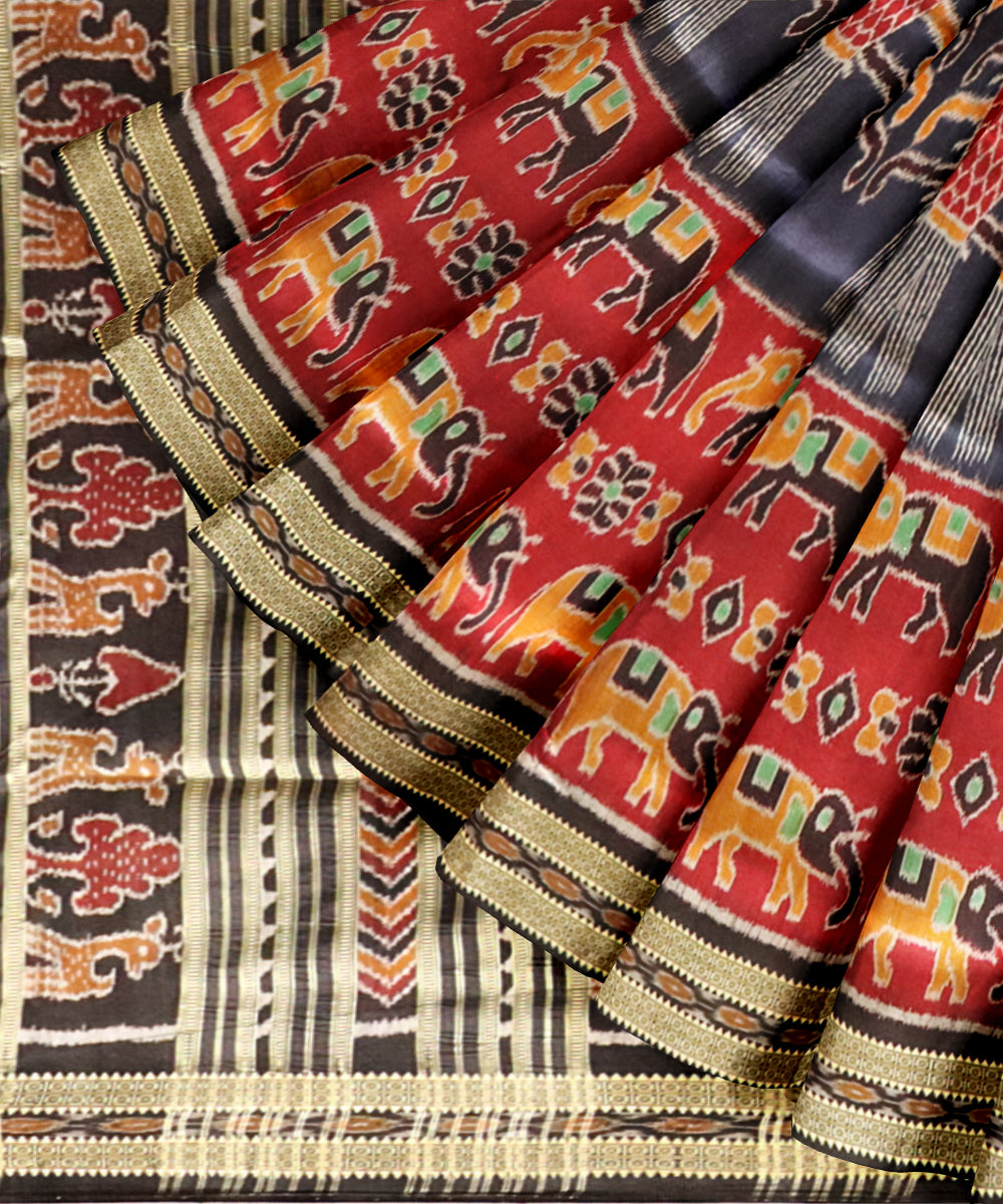 Maroon black handloom khandua silk saree