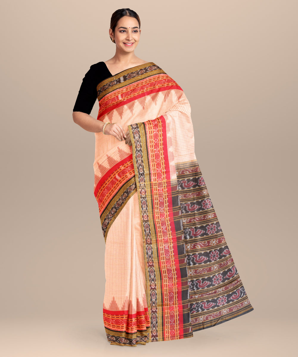 Beige black red cotton handloom nuapatna saree