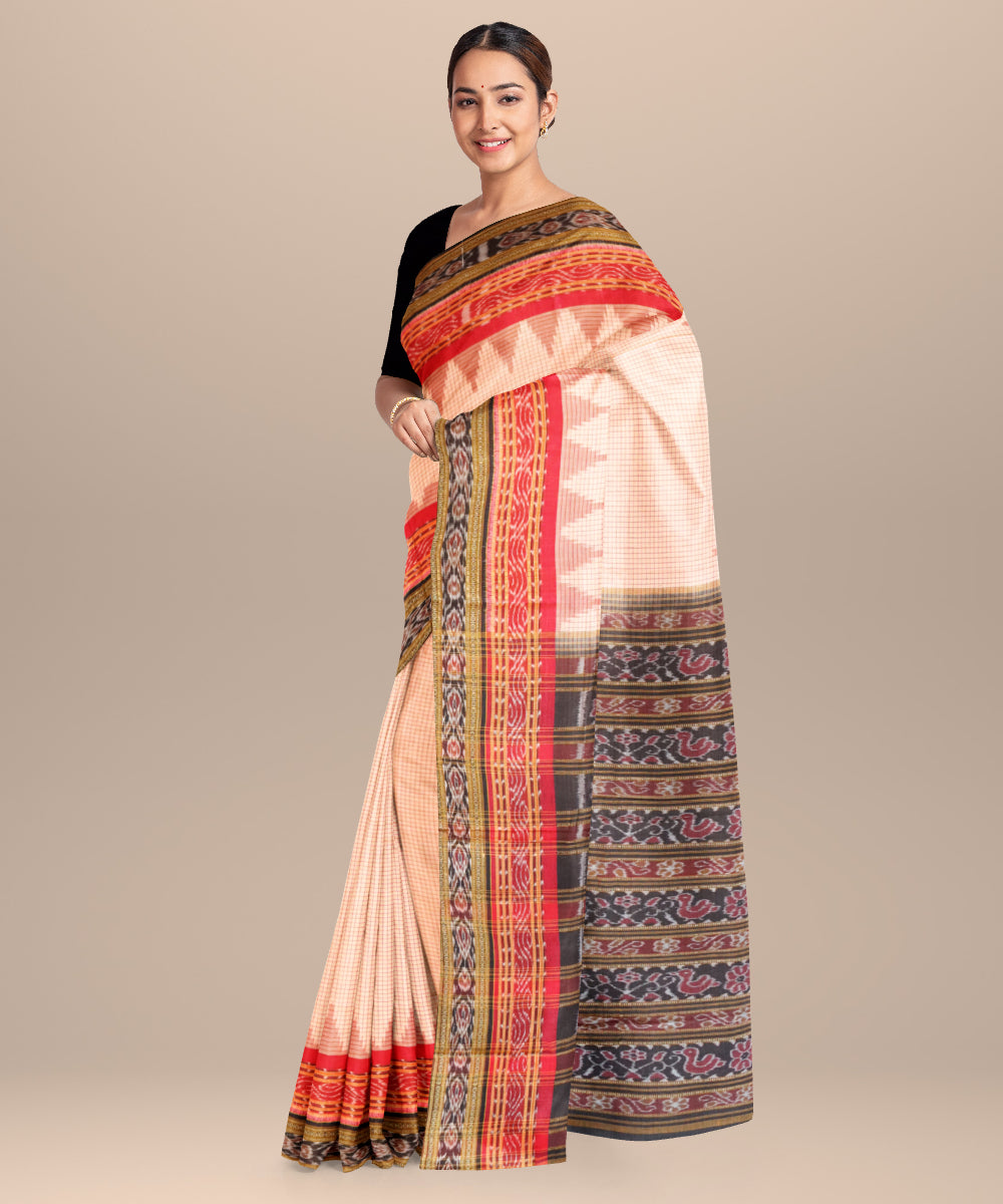 Beige black red cotton handloom nuapatna saree