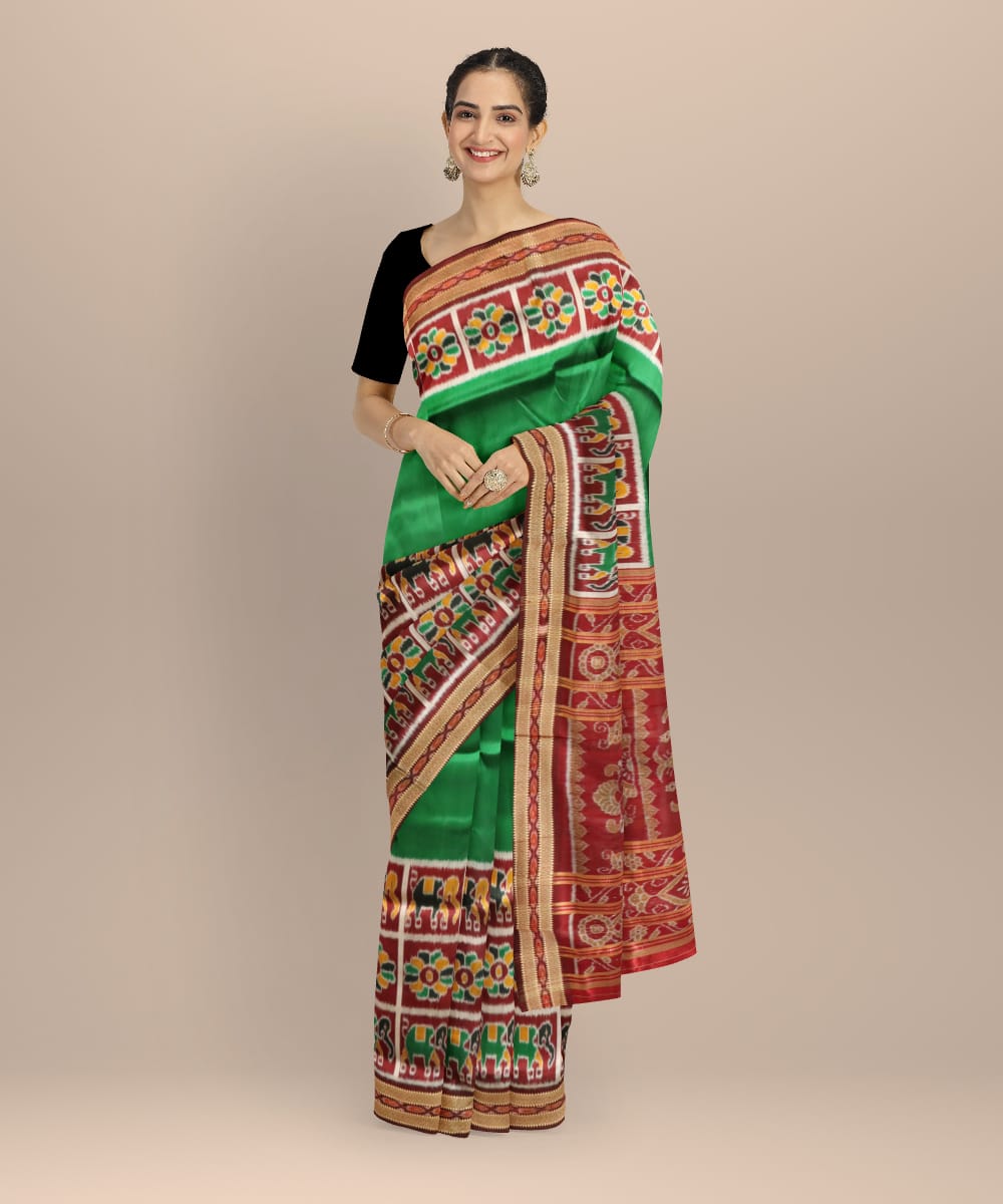 Dark green maroon silk handloom khandua saree