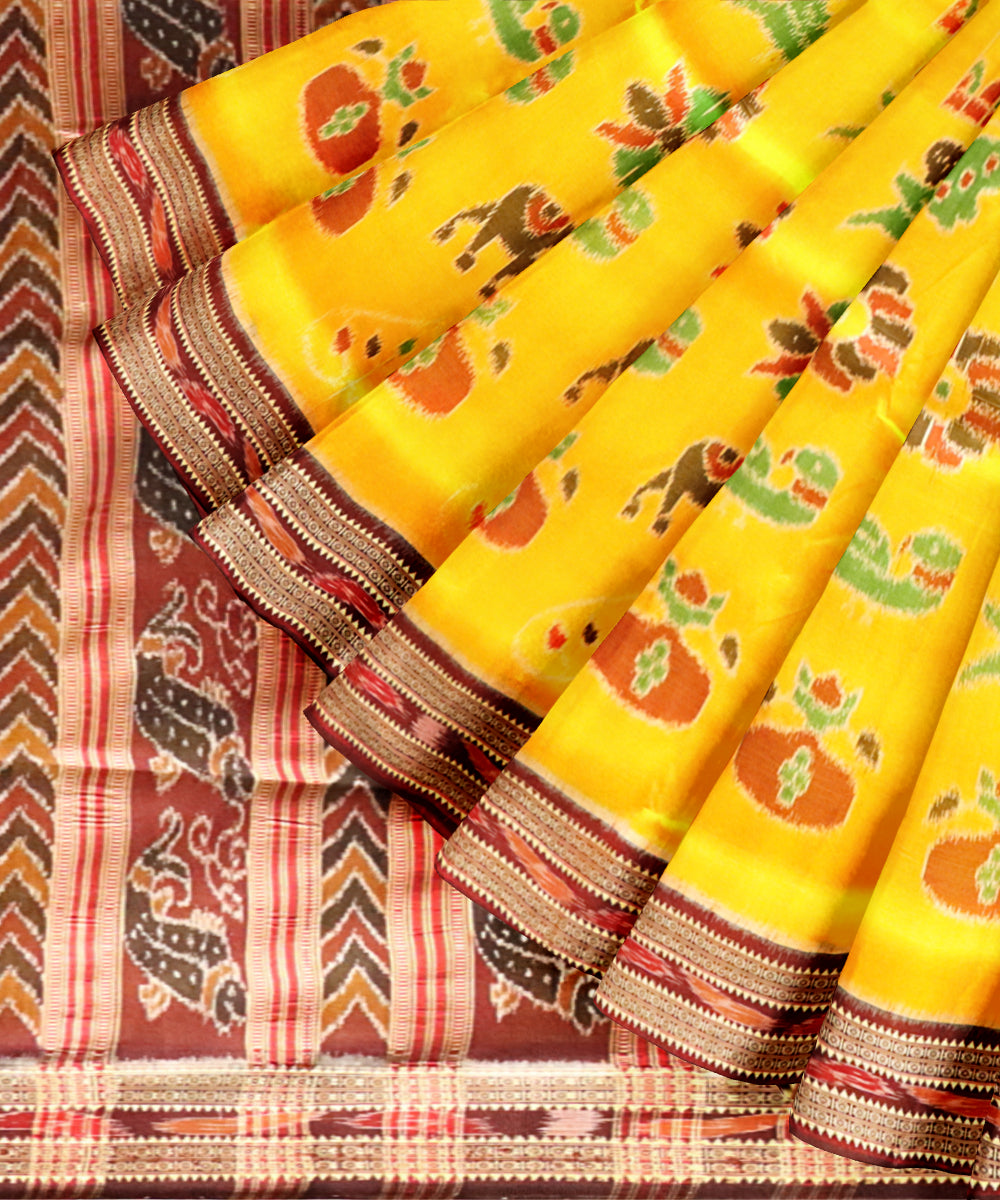 Yellow maroon silk handloom khandua saree