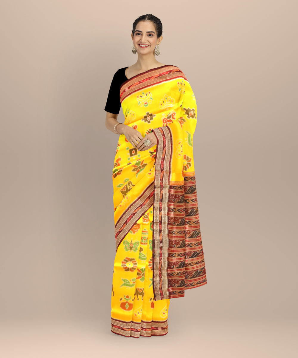 Yellow maroon silk handloom khandua saree