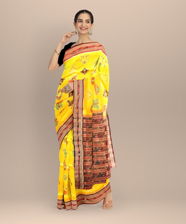 Yellow maroon silk handloom khandua saree