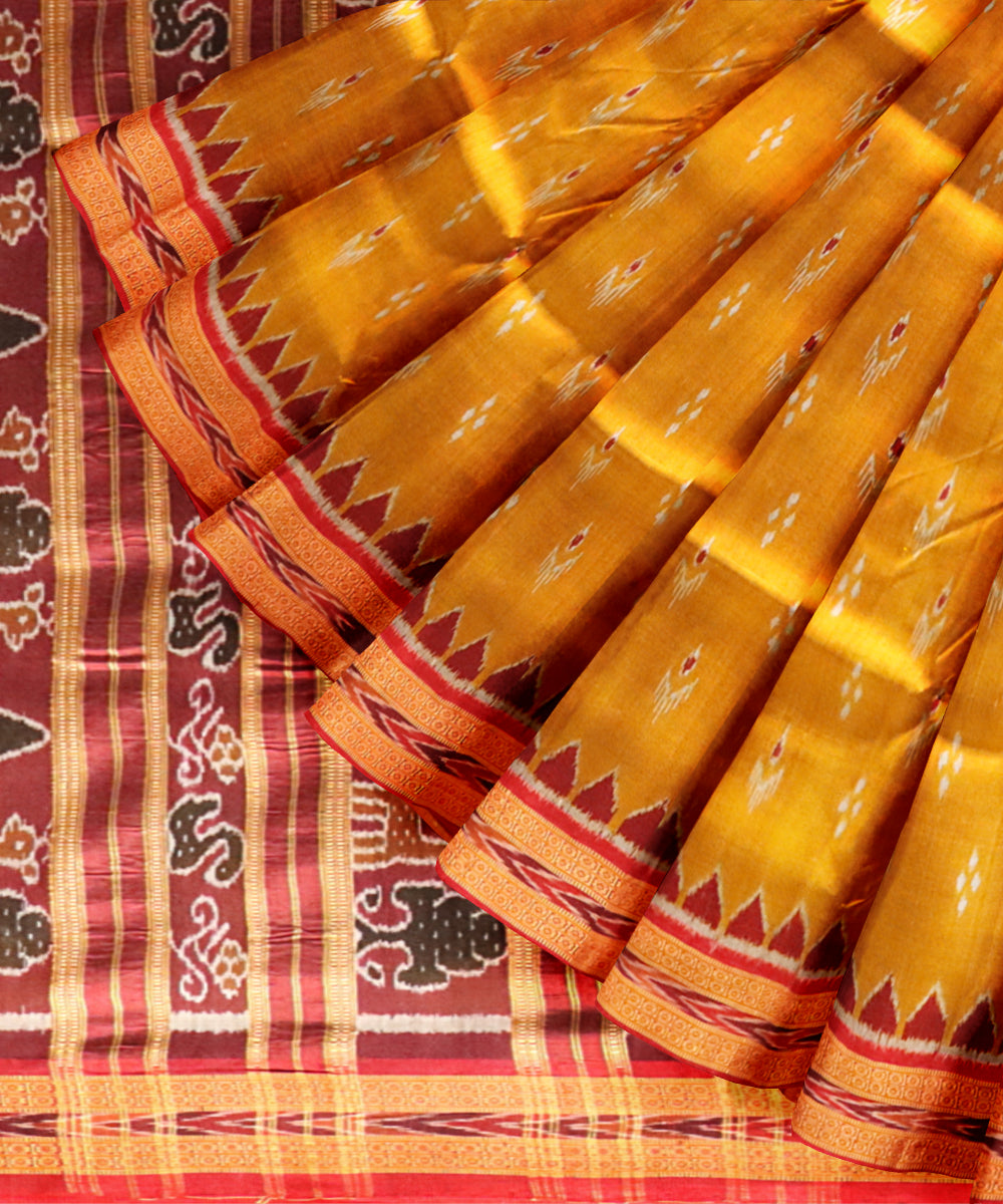Mustard dark red silk handloom khandua saree