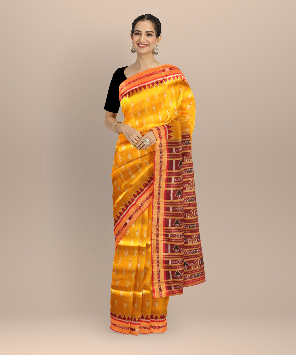 Mustard dark red silk handloom khandua saree