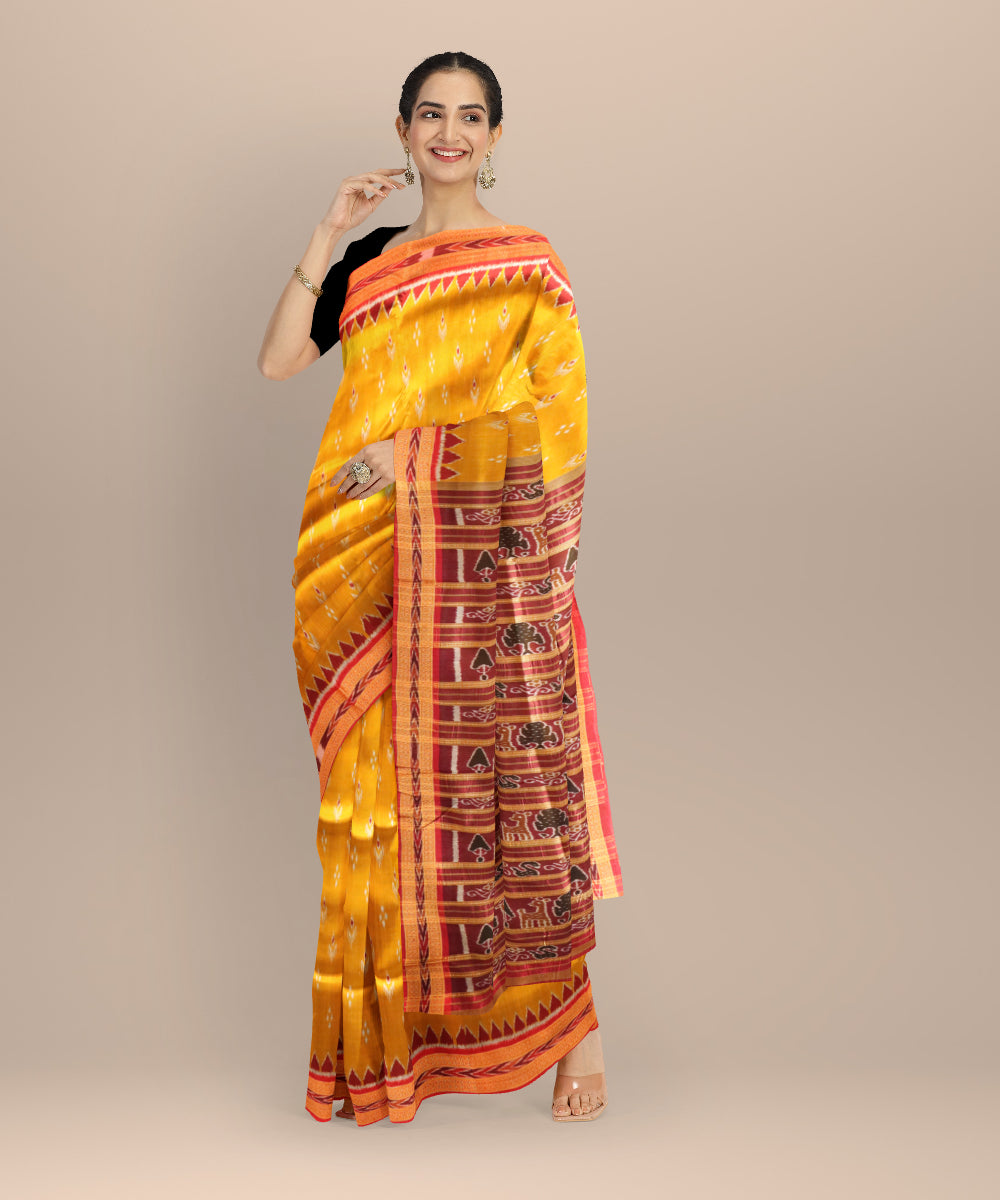 Mustard dark red silk handloom khandua saree