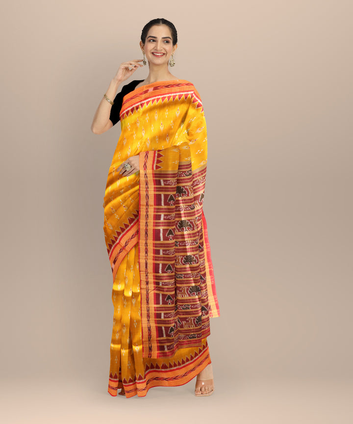 Mustard dark red silk handloom khandua saree