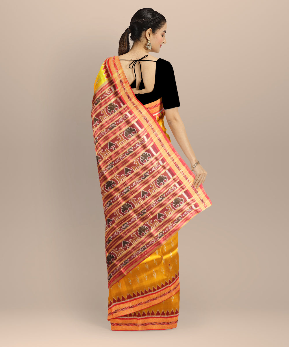 Mustard dark red silk handloom khandua saree