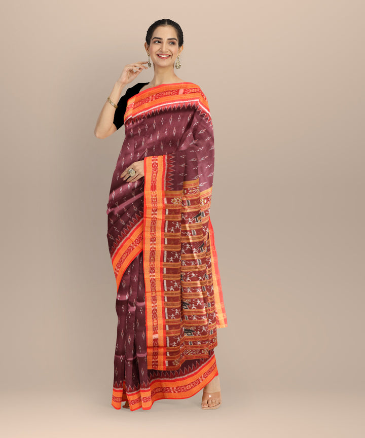 Brown dark red silk handloom khandua saree