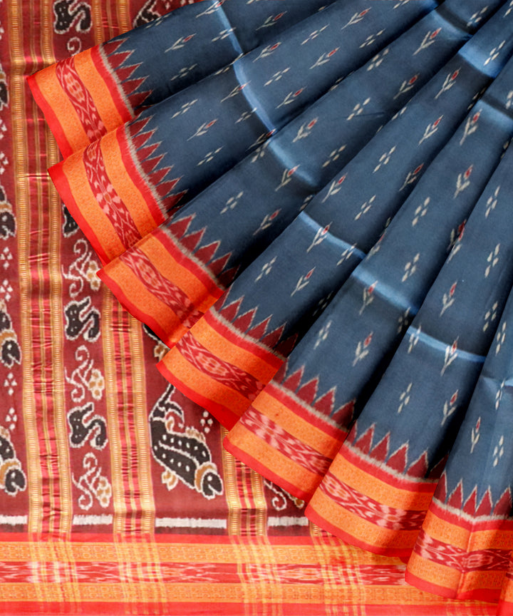 Cyan blue dark red silk handloom khandua saree