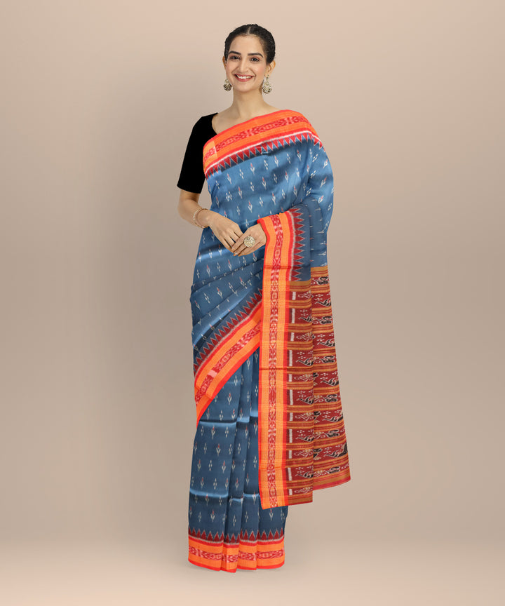 Cyan blue dark red silk handloom khandua saree