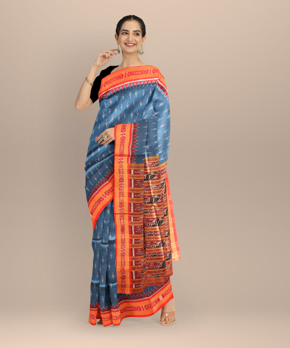 Cyan blue dark red silk handloom khandua saree