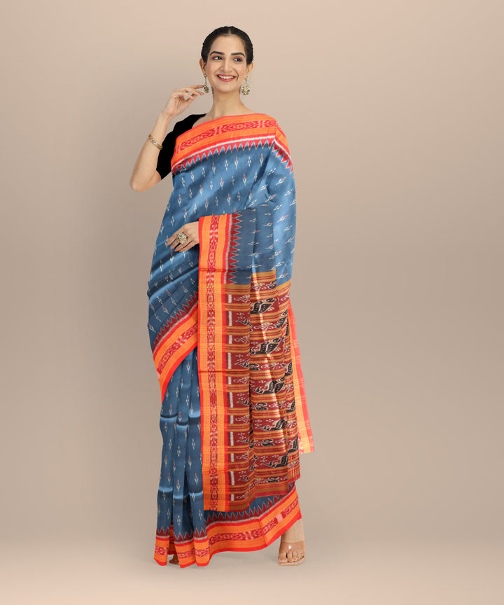 Cyan blue dark red silk handloom khandua saree
