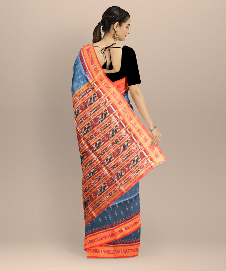 Cyan blue dark red silk handloom khandua saree