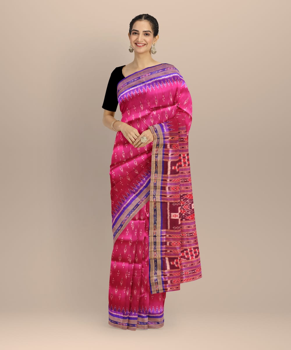 Pink Dark Blue Silk Handloom Khandua Saree