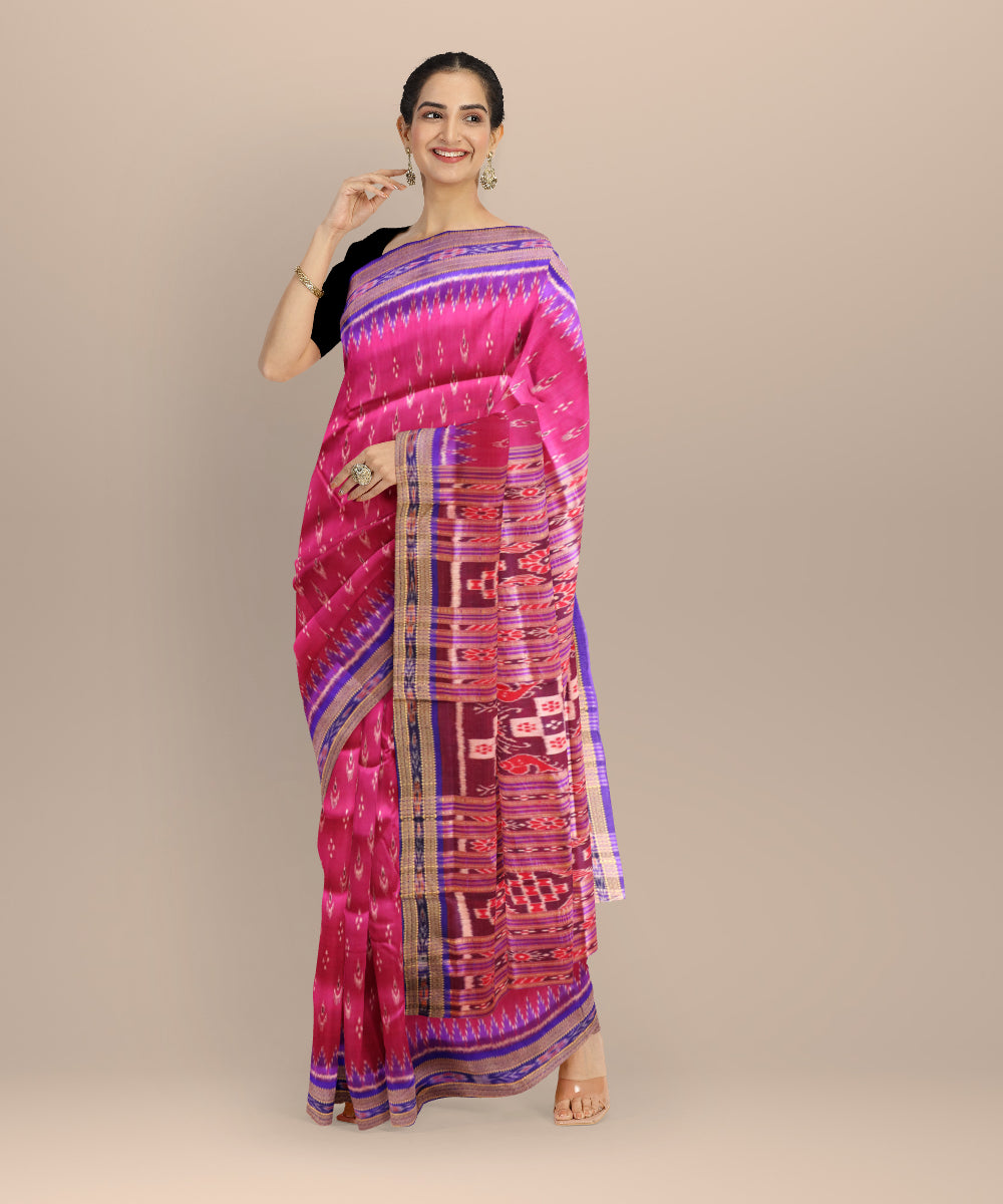 Pink dark blue silk handloom khandua saree