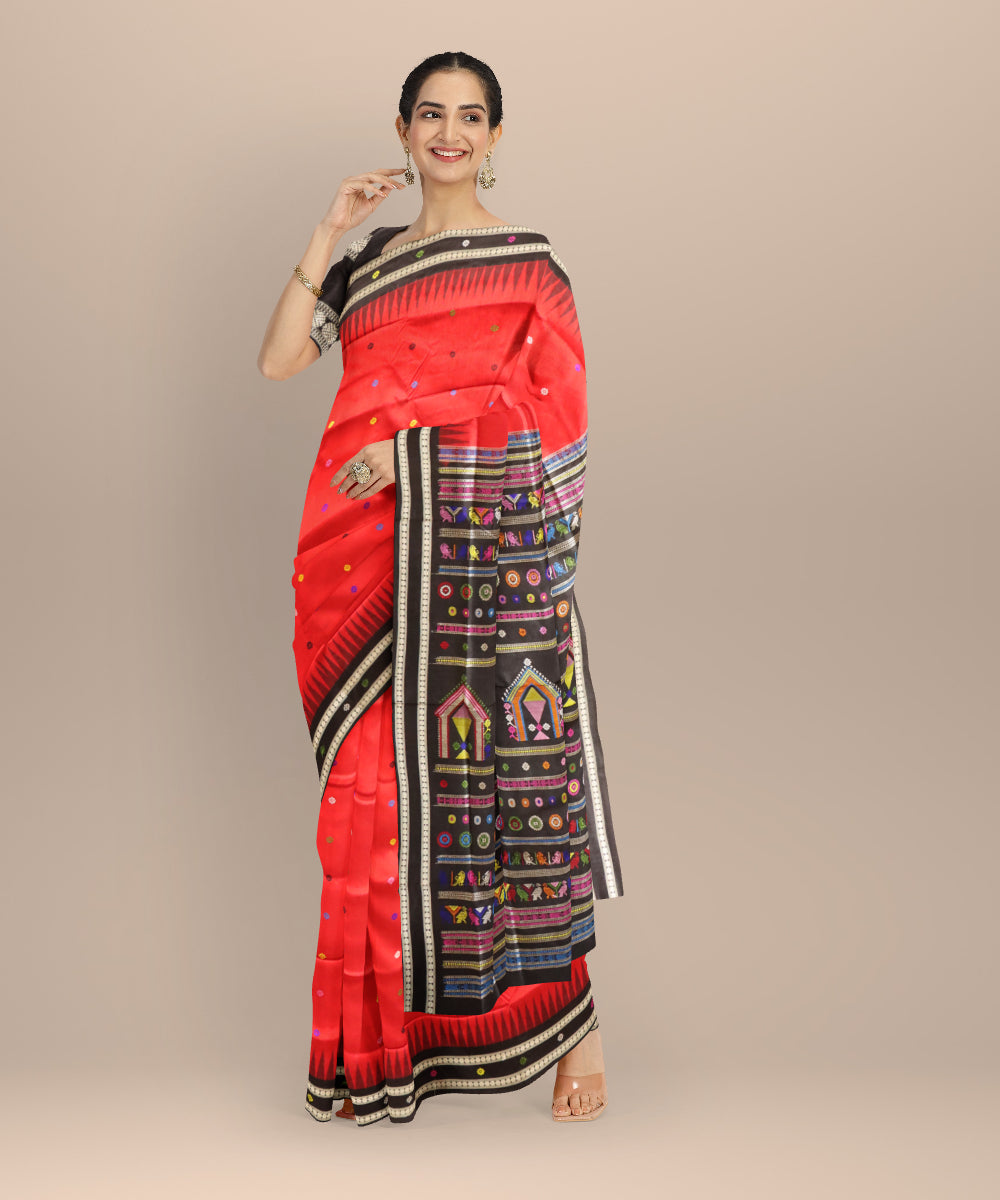 Red black silk handloom bomkai saree