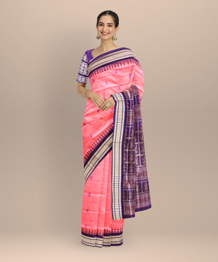 Flamingo pink dark blue silk handloom bomkai saree