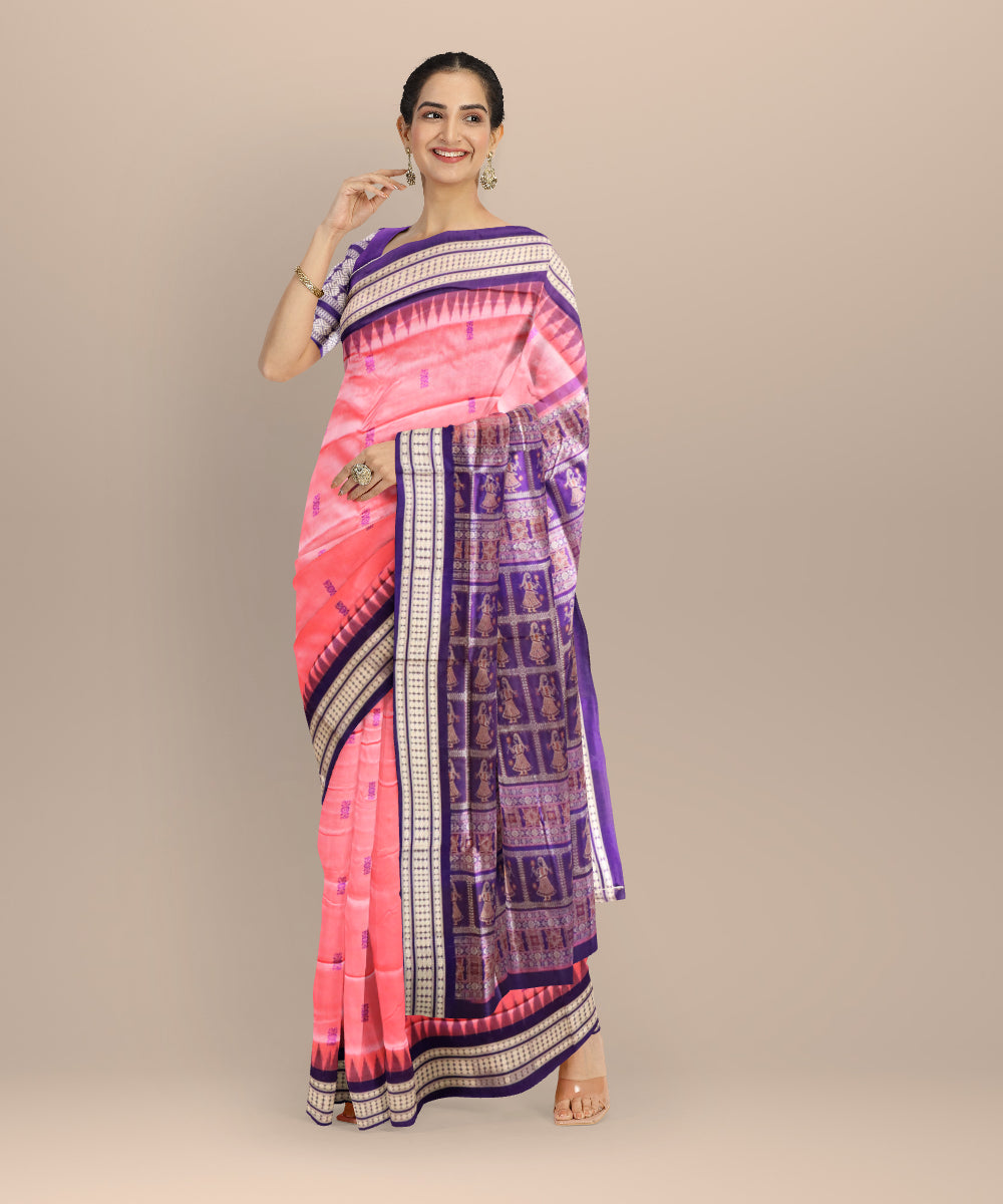 Flamingo pink dark blue silk handloom bomkai saree