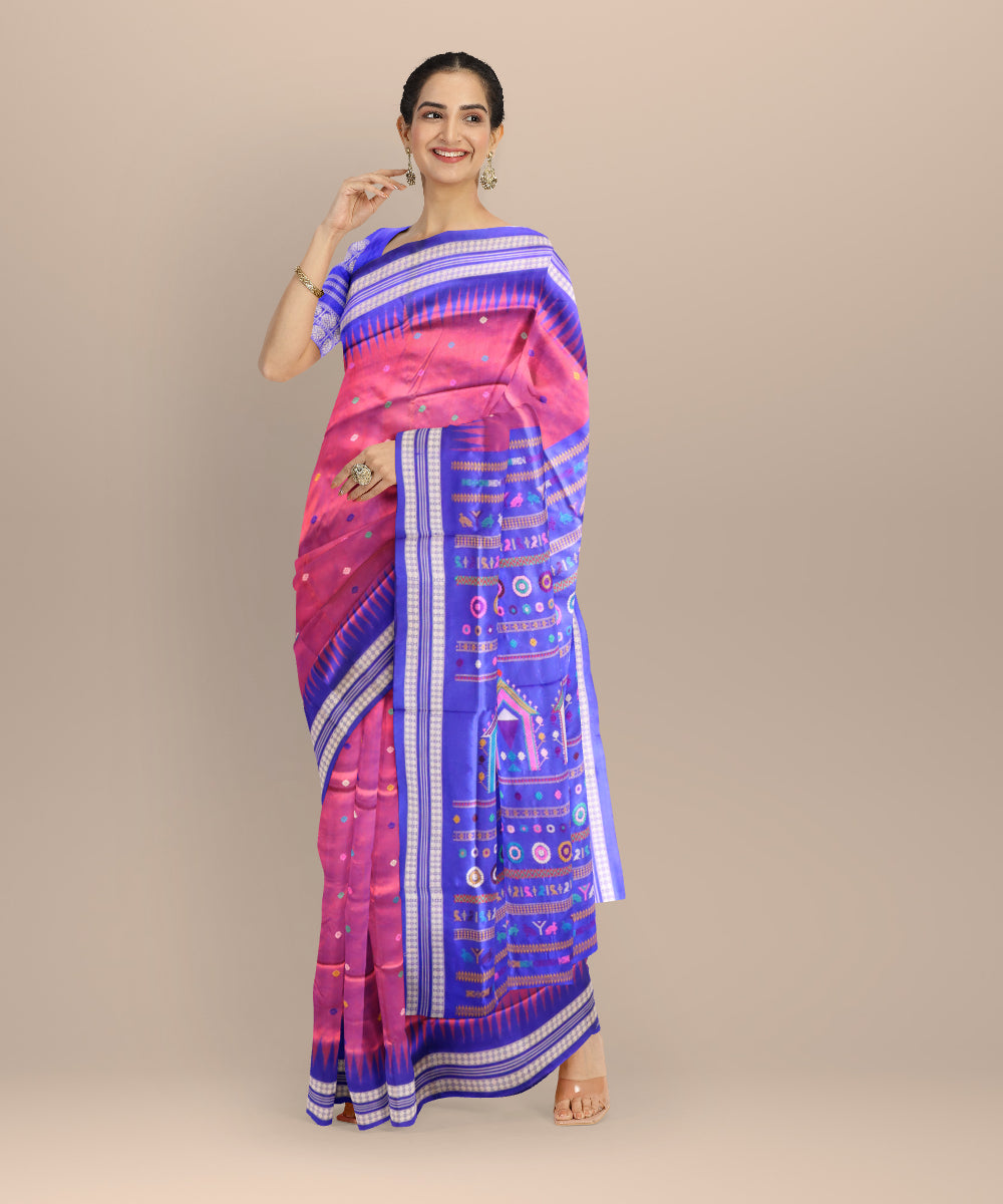Fuchsia purple duke blue silk handloom bomkai saree