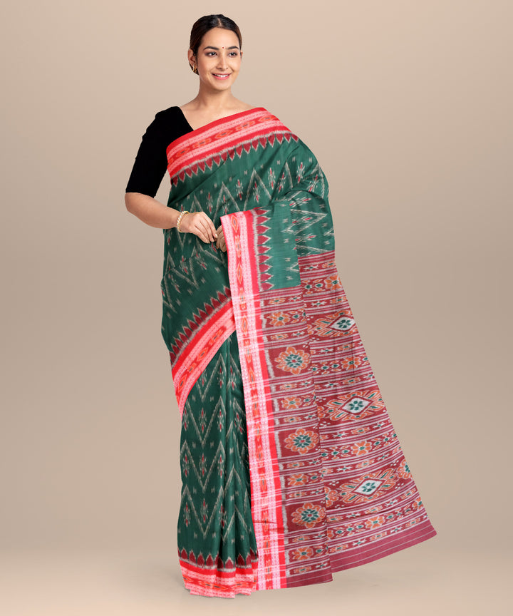 Dark green dark red handloom cotton nuapatna saree