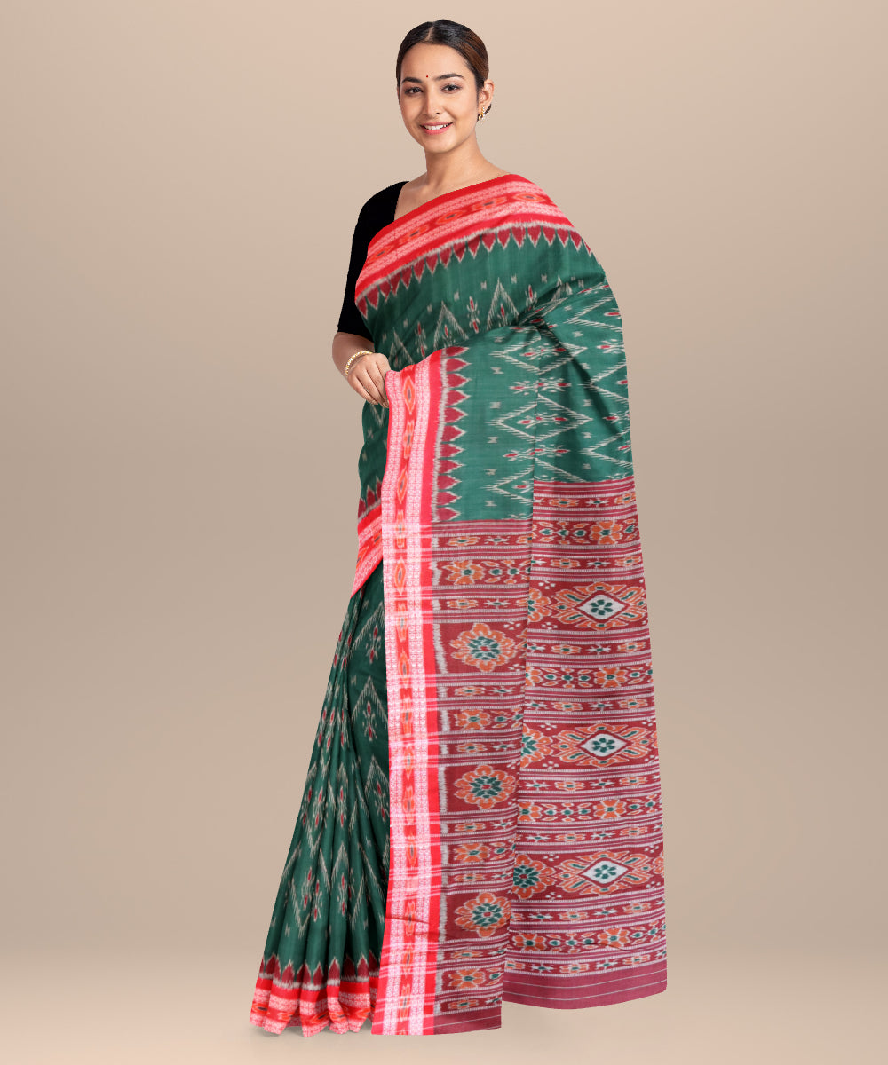 Dark green dark red handloom cotton nuapatna saree