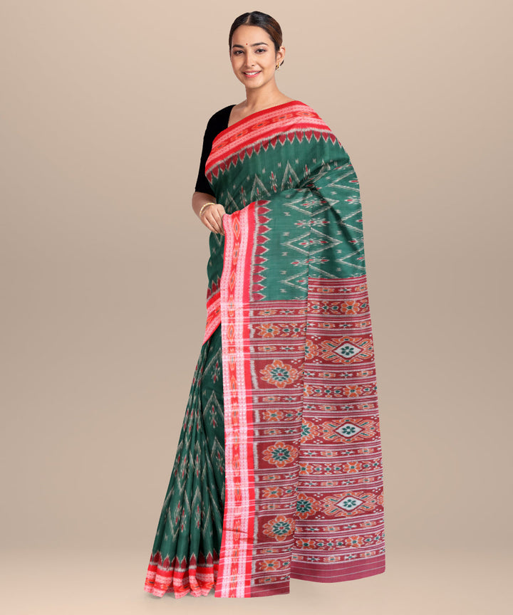 Dark green dark red handloom cotton nuapatna saree