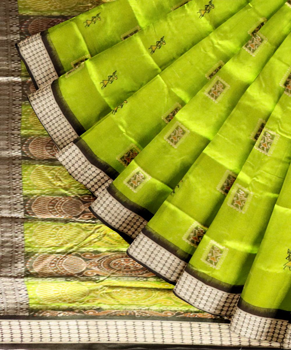 Lime green black patli silk handloom bomkai saree