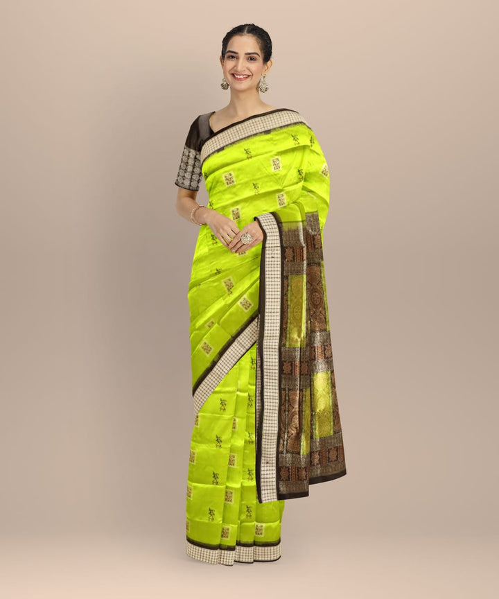 Lime green black patli silk handloom bomkai saree