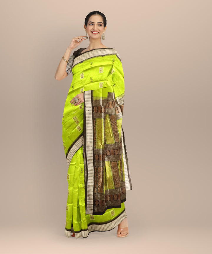 Lime green black patli silk handloom bomkai saree