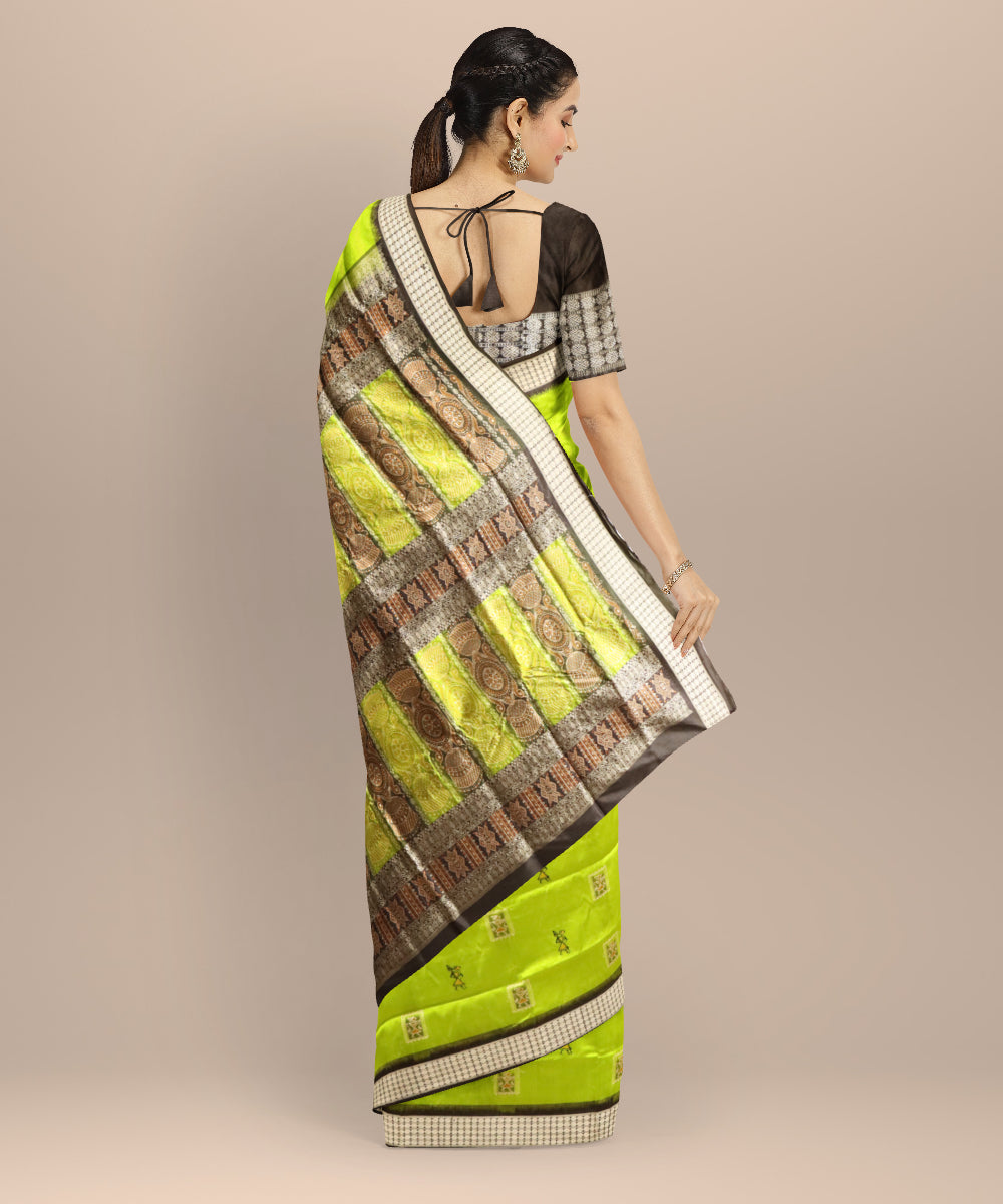 Lime green black patli silk handloom bomkai saree