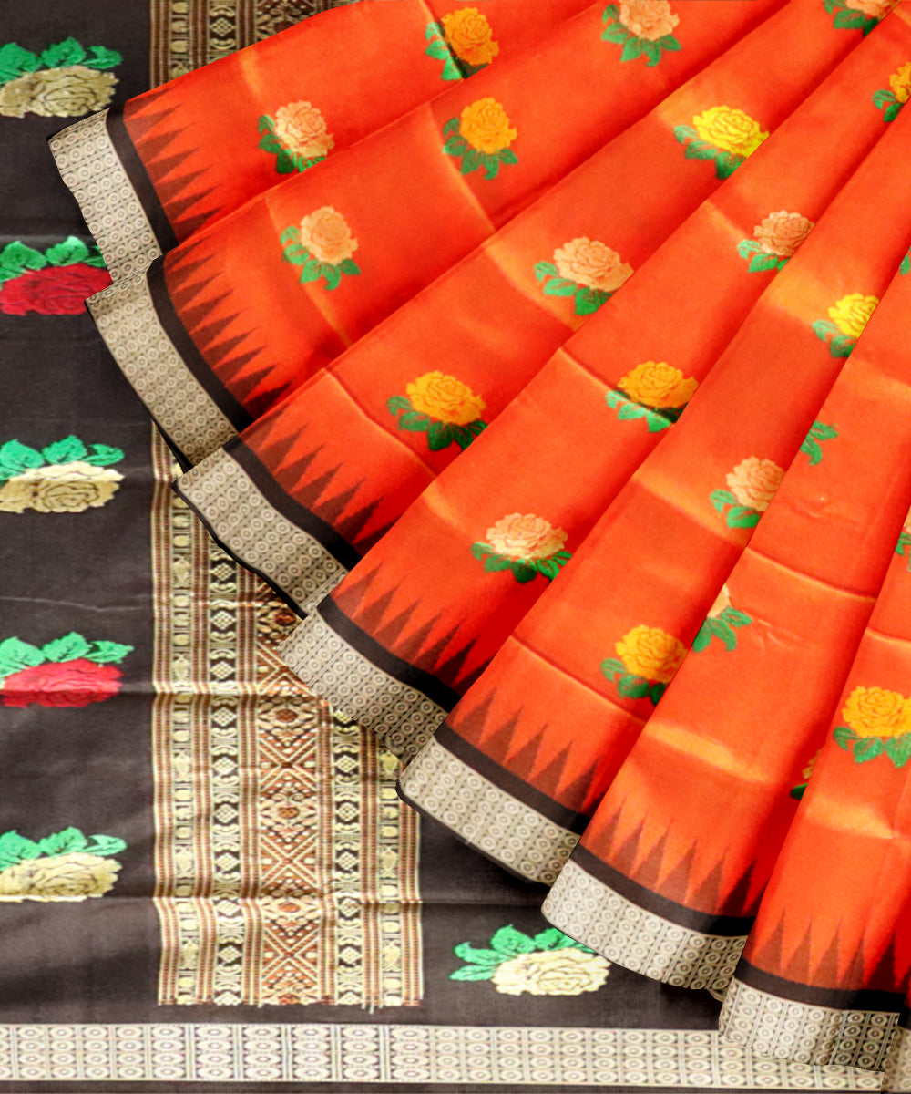 Orange black silk handloom bomkai saree
